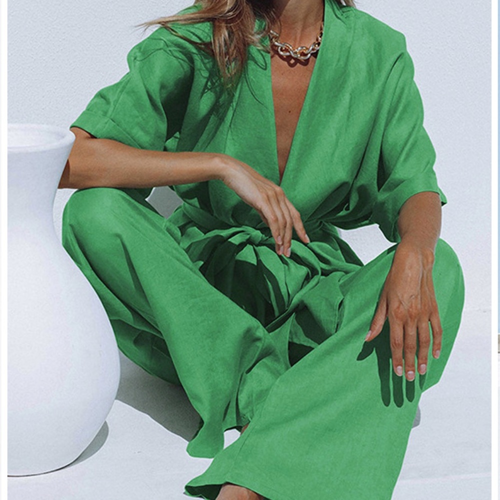 Elegant Green Women's 2 Piece Belted Linen Set NEW!